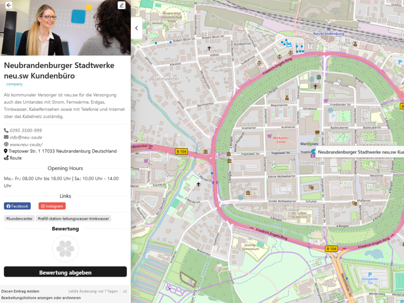 Stadtplan von Neubrandenburg mit eingezeichneten Refill-Stationen