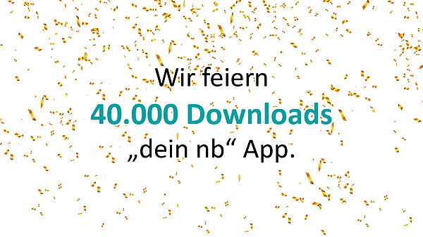 Wir feiern 40.000 Downloads als Schrift, dahinter Konfettiregen