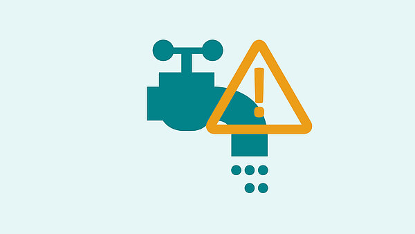 Symbol Wasserhahn mit Ausrufungszeichen