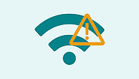 Icon türkis-farbenes WLAN-Symbol mit orange-farbenem Dreieck-Warnzeichen.