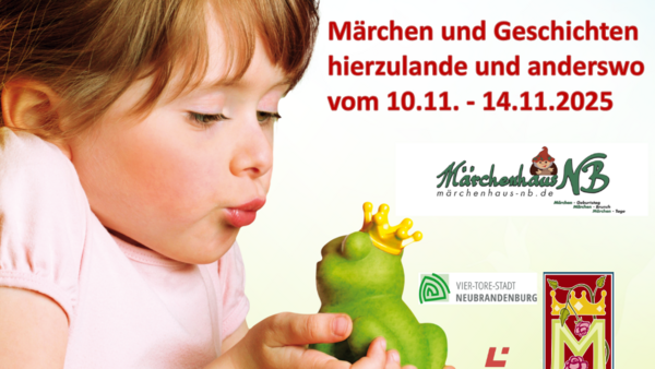 Veranstaltungsplakat Märchenwoche mit Motiv: Mädchen küsst Frosch.