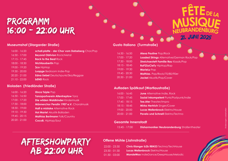 Pinkfarbener Flyer zur Veranstaltung mit Auflistung des Programms.