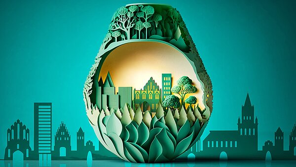 Grüne Skyline Neubrandenburg mit Toren, HKB-Turm und Kirche in bleuchteter Glühbirne.