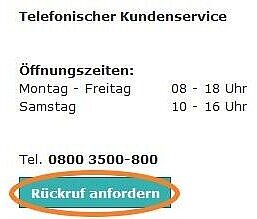 Telefonnummer, Öffnungszeiten und Screenshot mit mit Button "Rückruf anfordern".