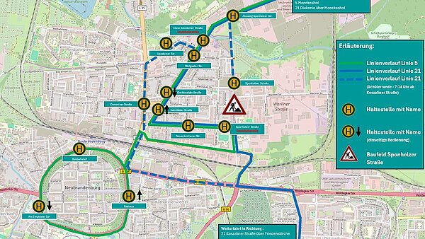 Blick auf Stadtplan von Neubrandenburg mit markierter neuer Route und Haltestellen.