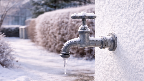 Wasserhahn im Außenbereich im Winter bei Eis und Schnee