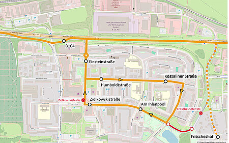 Karte Linie 4 Fahrtrichtung: Koszaliner Straße – Fritscheshof – Küssow