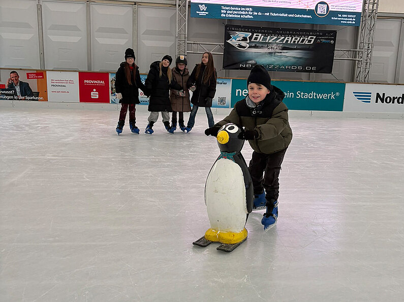 Junge mit Pinguin-Eislaufhilfe auf dem Eis.