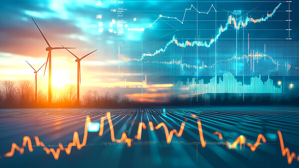 Fotocollage aus Diagrammen und Landschaft mit Windrädern. 