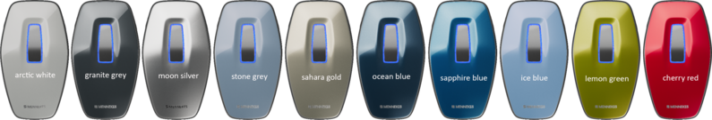 10 Frontcover der Mennekes Wallboxen AMTRON 4YOU in einer Reihe in verschiedenen Farben, von weißer über Grau- und Blautöne bis zu grün und rot. 