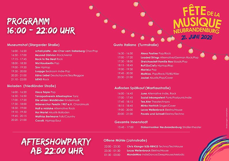 Pinkfarbener Flyer zur Veranstaltung mit Auflistung des Programms.