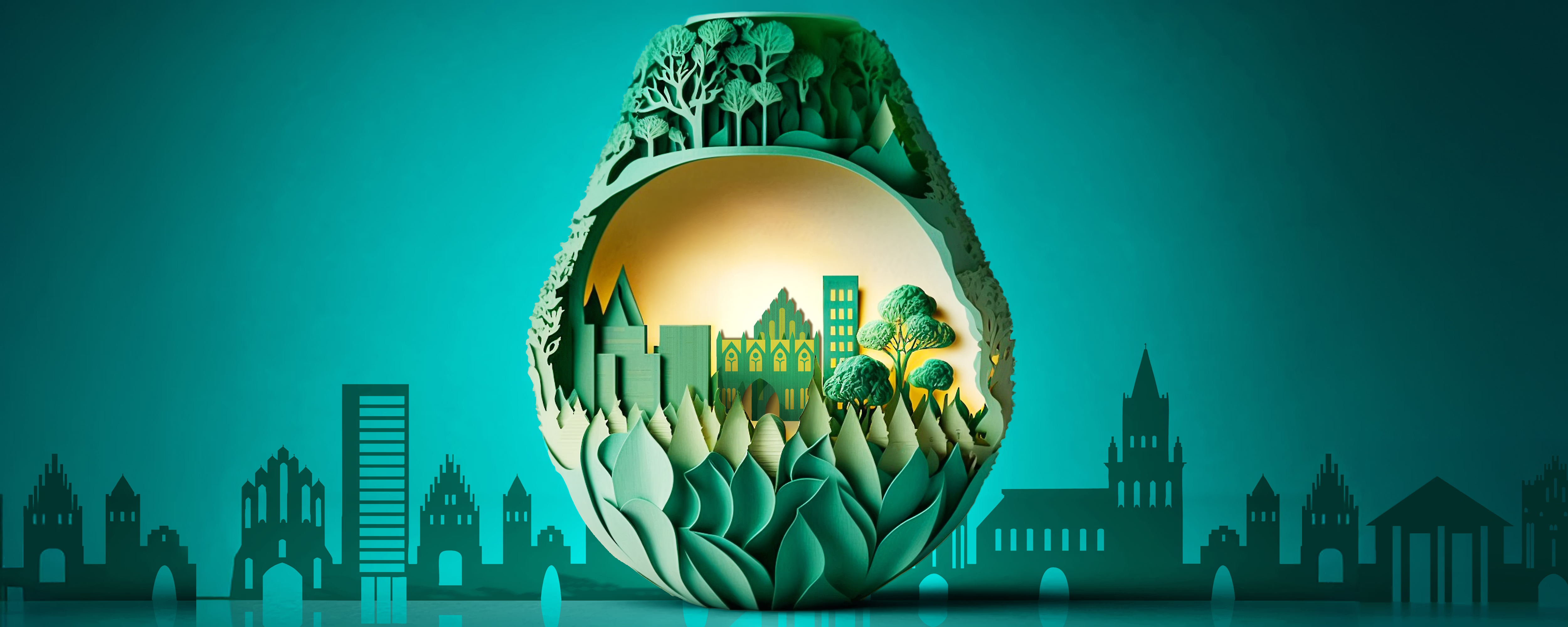 Grüne Skyline Neubrandenburg mit Toren, HKB-Turm und Kirche in bleuchteter Glühbirne.